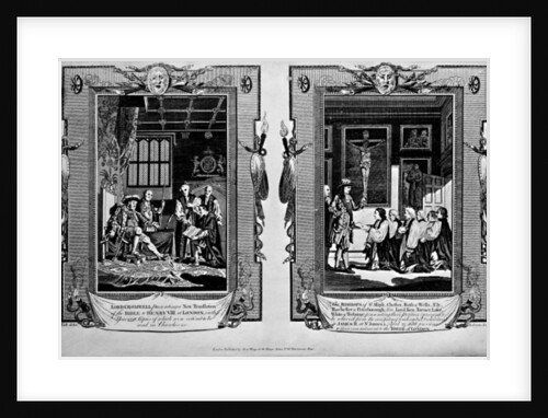 Lord Cromwell presents the bible to Henry VIII and Bishops presenting petition to James II in 1688 by English School