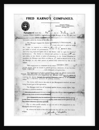 Agreement made between Fred Karno's Companies and Charles Chaplin, 25th July 1908 by English School
