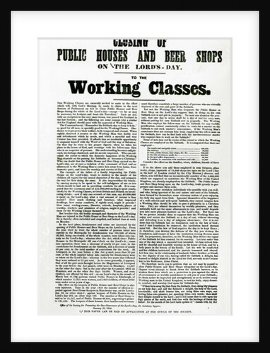 Closing public houses and beer shops on the Lord's Day to the Working Classes, 1854 by English School