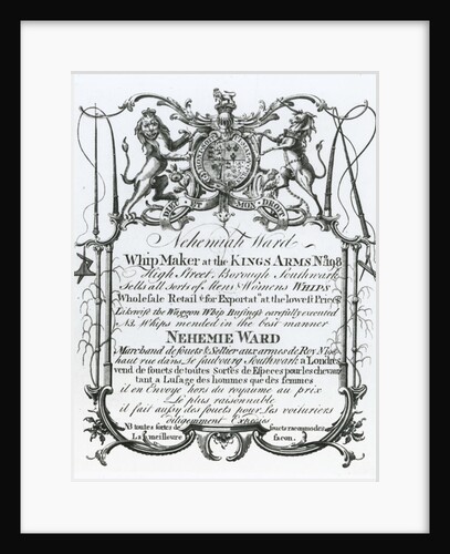 Trade card for Nehemiah Ward, Southwark whipmaker by English School