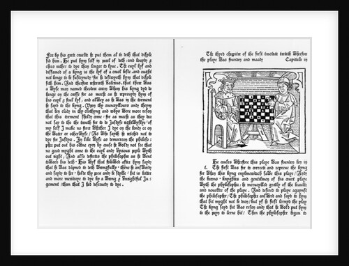 Pages from the English translation of 'De Ludo Saccorum' by Jacques de Cessoles, including an illustration of two people playing chess, c.1483 by English School