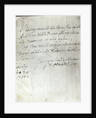 Letter from George Frederick Handel dated February 24th 1750 by George Frederick Handel