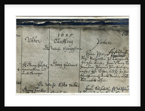 Entry of Handel's Baptism from the Church Register of Marktkirche, Halle, Germany, 1685 by German School