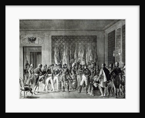 Napoleon gives the flags won at Austerlitz in 1805 to the Mayors of Paris visiting him at Schonbrunn by L. Marin
