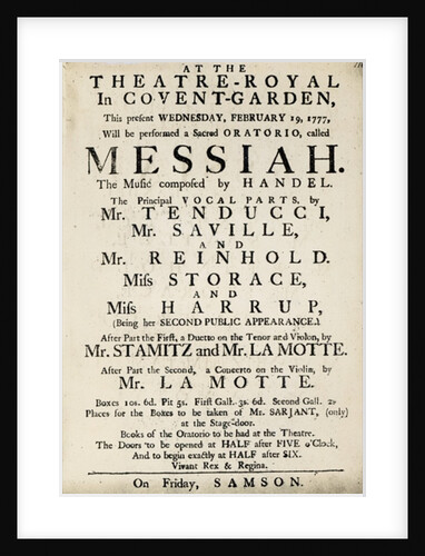 Playbill advertising a performance of Handel's Oratorio, 'Messiah' in 1777 by English School