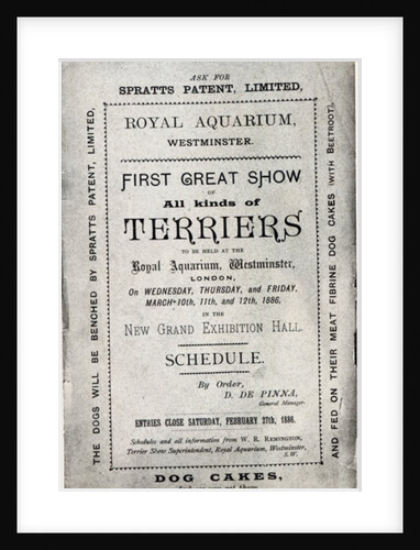 Poster advertising the Allied Terrier Club Show at the Royal Aquarium, Westminster in 1886 by English School