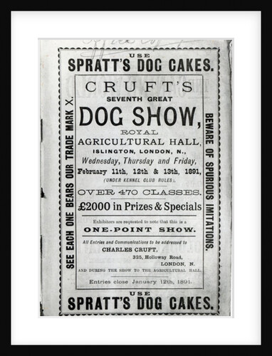 Poster advertising Cruft's Dog Show at the Royal Agricultural Hall in Islington, London in 1891 by English School