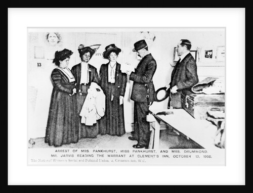 Arrest of Mrs Pankhurst, Miss Pankhurst and Mrs Drummond. Mr.Jarvis reading the warrant at Clements Inn, October 13, 1908 by English Photographer