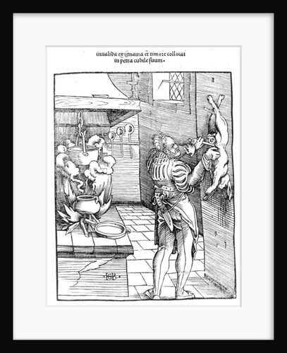 View of a sixteenth century kitchen with cook gutting a rabbit by Hans Baldung Grien