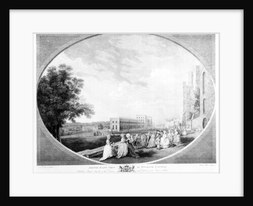 South East view of Windsor Castle, with the Royal Family on the terrace and a view of the Queen's Palace by George (after) Robertson