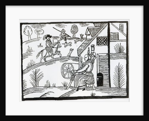 A Country Scene with a woman spinning and two men hunting a stag by English School