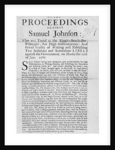 An Account of the Proceedings against Samuel Johnson, 1686 by English School