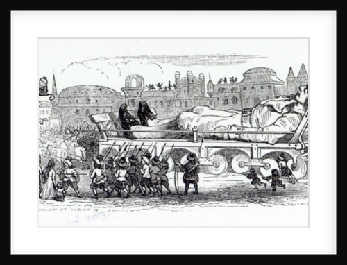 Gulliver being transported to the Lilliputian capital by Grandville