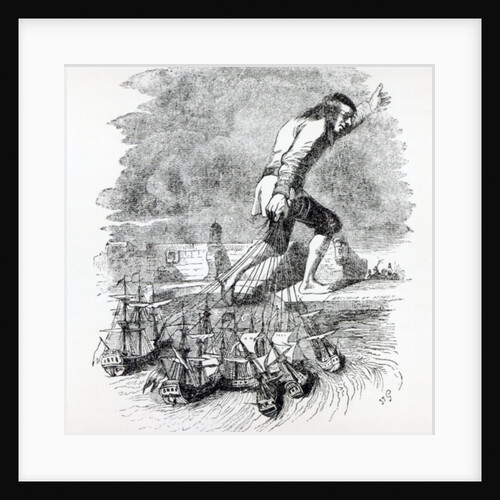 Gulliver stealing the Blefuscudian fleet by Grandville