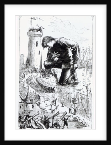 Gulliver kneels before the Lilliputians after stealing the Blefuscudian fleet by Thomas Morten
