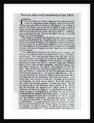 The Captain of the Mobs Declaration or, Their new Answer to Dr. Sacheverell, by Captain Tom, 1710 by English School