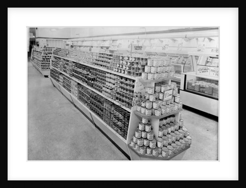 Tinned foods aisle, Woolworths store, 1956 by English Photographer