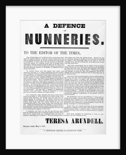 A Defence of Nunneries by Theresa Arundell, 1851 by English School