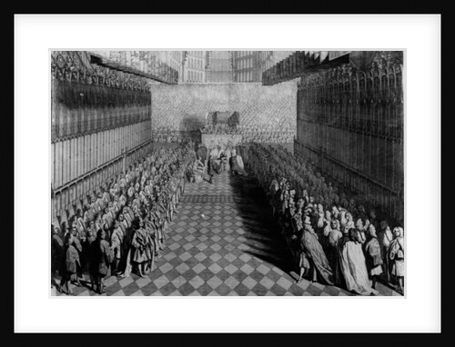 Prince William offering his sword to the Dean, at the Altar, the Knights Standing under their Banners, published in 1730 by Joseph Highmore