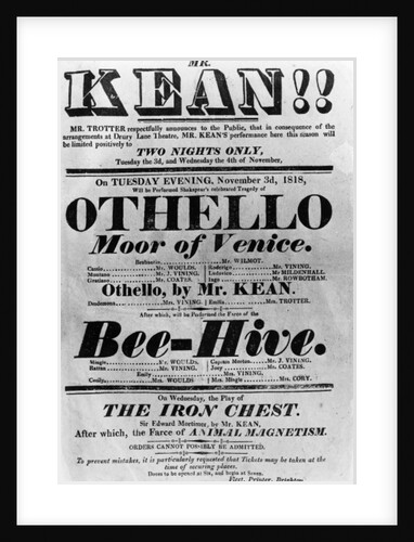 Theatre Bill advertising perfomances of Mr. Kean, 1818 by English School