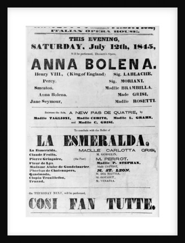 Playbill for Her Majesty's Theatre, Italian Opera House, 1845 by English School