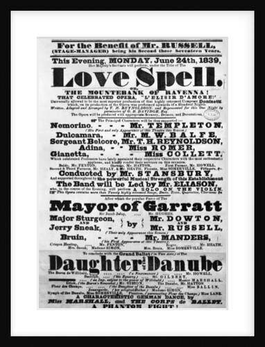 Playbill announcing a performance of 'Love Spell' at the behest of the Duke and Duchess of Cambridge, 1839 by English School