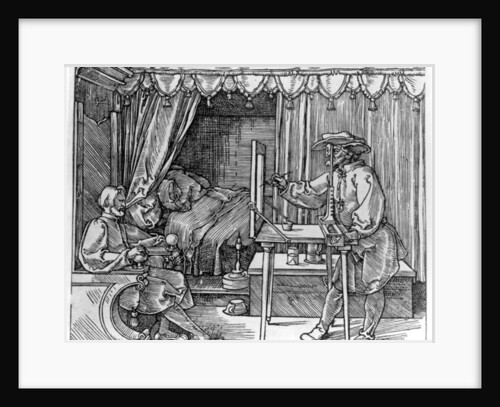 A draughtsman taking details for a portrait, using a perspective apparatus for drawing onto glass by Albrecht Dürer or Duerer