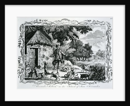 Alexander Selkirk on the Island of Juan Fernandes, published in 'Drakes Voyages', 1780 by English School