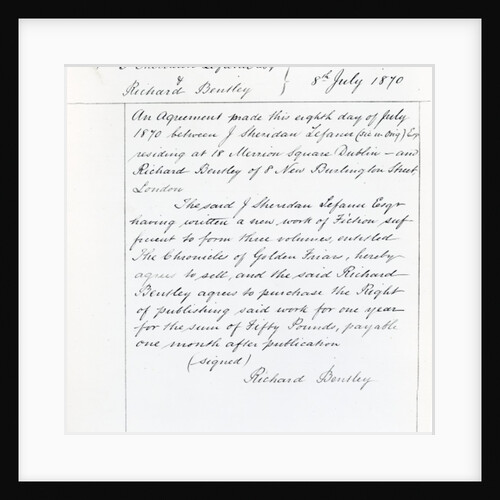 Publishing contract between Joseph Sheridan Le Fanu and Richard Bentley for 'The Chronicles of Golden Friars', 1870 by English School