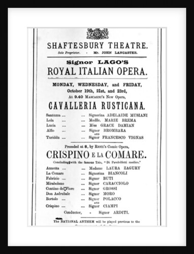 Playbill advertising a performance of 'Cavalleria Rusticana' and 'Crispino e la Comare' at the Shaftesbury Theatre by English School