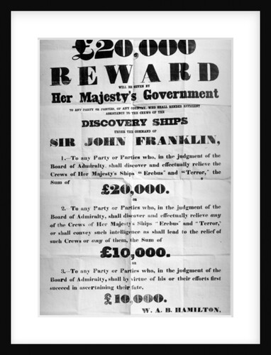 Poster offering a reward for the discovery of the lost Franklin Artic Expedition, 1850 by English School
