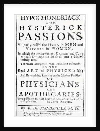 Title page for 'A Treatise of the Hypochondriack and Hysterick Passions' by Bernard de Mandeville, published 1711 by English School
