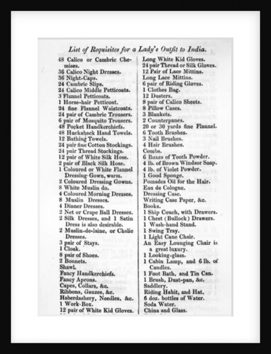 List of Requisites for a Lady's Outfit to India by English School