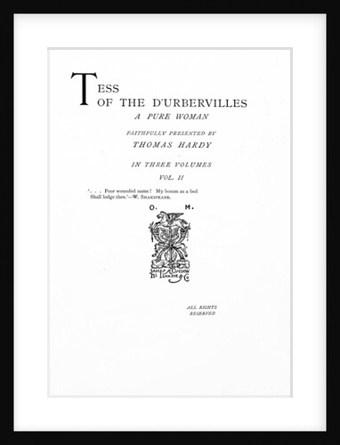 Title page to 'Tess of the D'Urbervilles' by Thomas Hardy, edition published in 1892 by English School