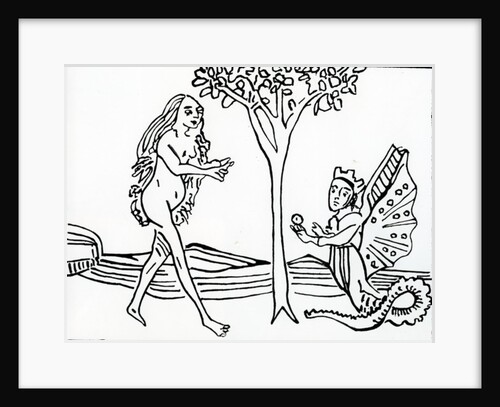 Lilith, winged and crowned, with serpent’s tail, offers the apple to Eve by German School