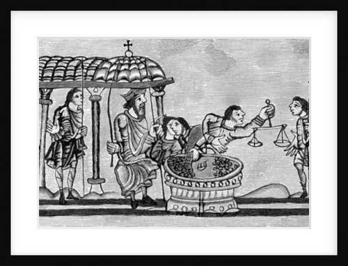 Officers receiving and weighing coins at the exchequer 1130-74 by English School