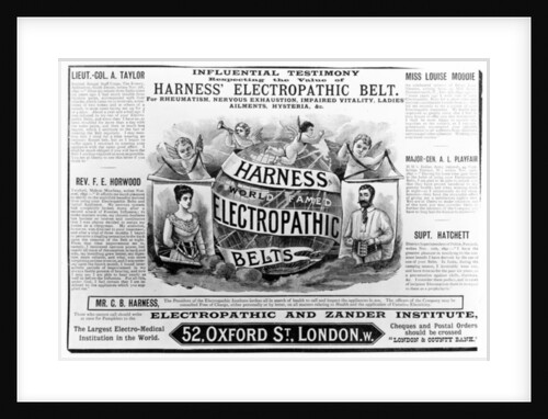 Advertisement for 'Harness world famed Electropathic Belts', c.1890 by English School