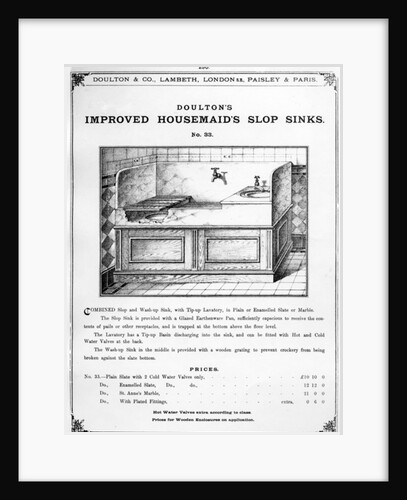 Advertisement for 'Doulton's Improved Housemaid's Slop Sinks', c.1880s by English School