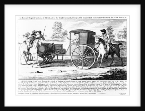 An Exact Representation of Maclaine the Highwayman Robbing Lord Eglington on Hounslow Heath on 26th of June 1750, print made by Charles Mosley, 1750 by (after) English School