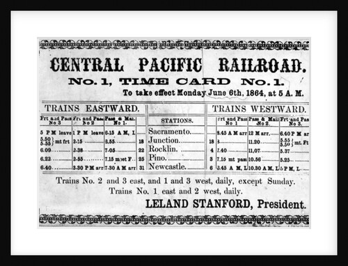 Photographic print of the Central Pacific Railroad Company's original timetable for 6th June 1864, 1864 by American School