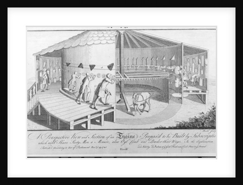 A Perspective View and Section of an Engine Propos'd to be Built by Subscription which will shave Sixty Men a Minute, also Oyl comb and Powder their Wigs by English School