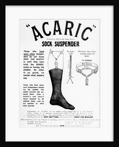 Acaric Sock Suspender advertisement, 1898 by English School