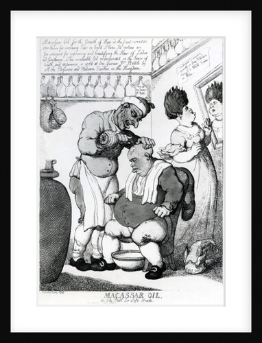 Massacar Oil, an oily puff for soft heads, 1814 by Thomas Rowlandson