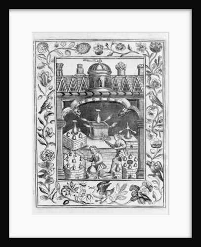 Alchemical laboratory showing various forms of furnace and vessels, taken from 'Theatrum Chemicum Britannicum' by Elias Ashmole, 1652 by English School