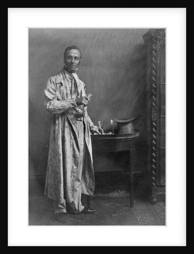 Photograph of a grey morning coat of flowered chintz with nankeen trousers by English School