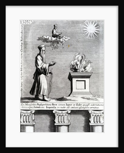 Illustration of Zoroaster worshipping fire and the sun, 1697 by English School