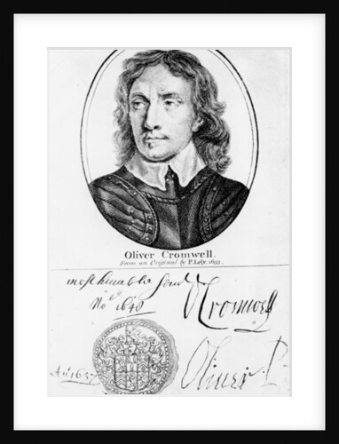 Portrait of Oliver Cromwell from an original by Peter Lely of 1653, and his seal and autographs by English School