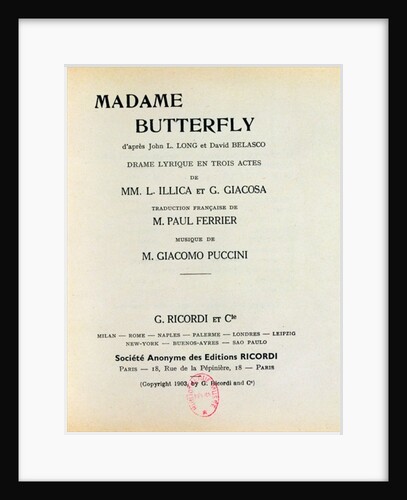 Playbill for 'Madame Butterfly' by Giacomo Puccini 1903 by French School