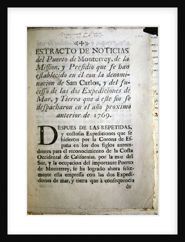 The first page of the official account of the Portola Expedition of 1769-70 by Anonymous