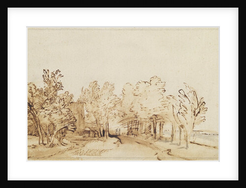 Avenue with a footpath and a farmhouse on the left by Rembrandt Harmensz. van Rijn